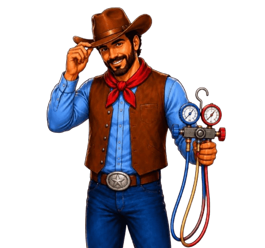 Smiling cowboy HVAC technician with manifold gauges