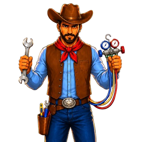 Cowboy mechanic holding wrench and gauges