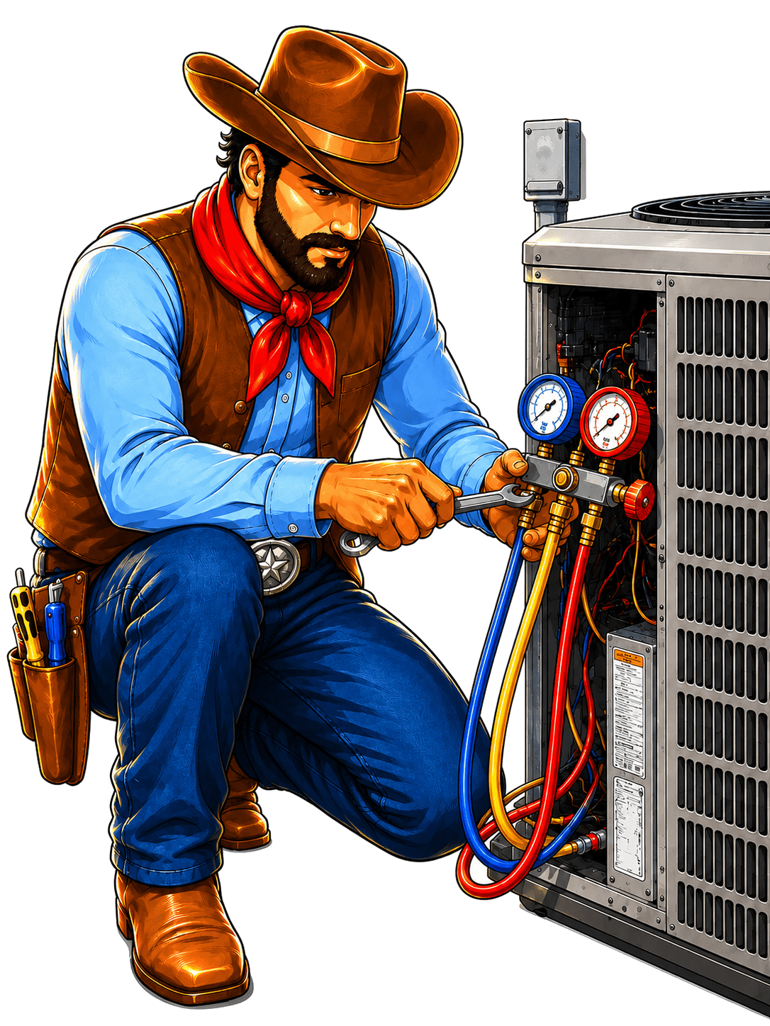 Cowboy HVAC technician repairing air conditioner