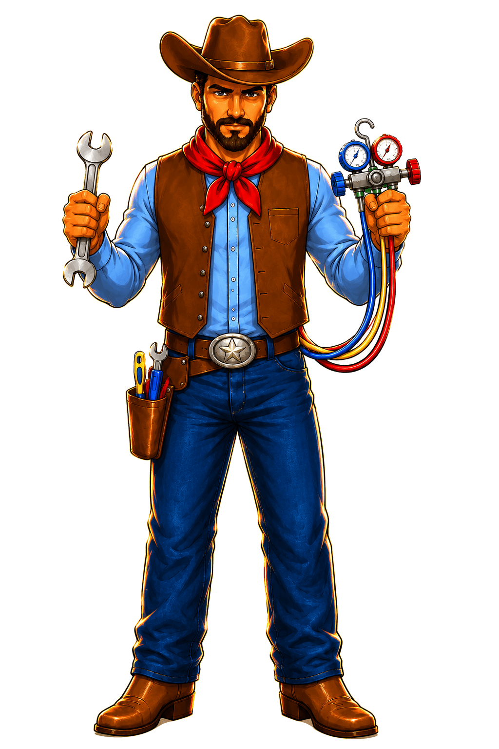 Cowboy mechanic holding wrench and manifold gauges